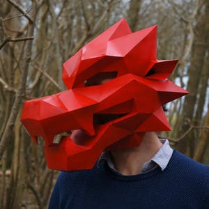 Modello maschera Dragon Papercraft, maschera di carta 3D Low Poly, costume di Halloween fai da te originale unico, modello PDF drago cinese