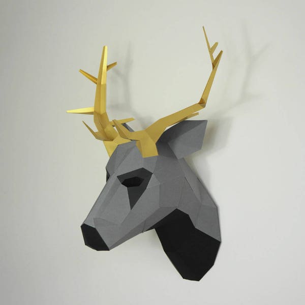 Stag Trophy, 3D Papercraft Mask Template, Low Poly Paper Mask, Unique Halloween Costume, Animal Mask, Paper Wall Art PDF Pattern