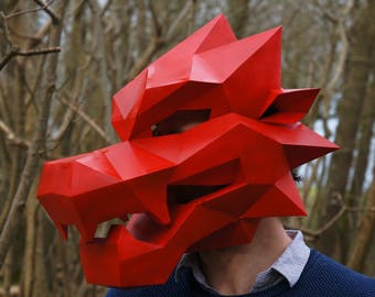 Dragon Papercraft Mask Template, 3D Low Poly Paper Mask, Unique Original DIY Halloween Costume, Chinese Dragon PDF Pattern