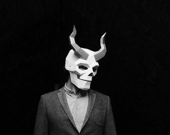 Horned Skull, Demon Paper Mask, LowPoly 3D Papercraft Mask Template, Unique original DIY Halloween Costume, Human Skull, Cosplay PDF Pattern