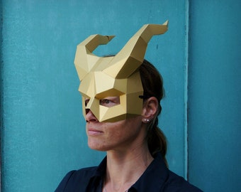 Demon Horns 3D Papercraft Mask Template, Low Poly Devil Paper Mask, Unique Halloween Costume, Cosplay PDF Pattern