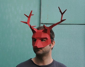 Stag or Reindeer Mask, 3D Papercraft Template, Low Poly Paper Mask, Unique Halloween Costume, Animal Mask, Cosplay PDF Pattern