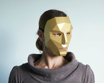 Polygon weibliche menschliche Gesichtsmaske, Frauen oder Mädchen 3D Papercraft Maskenvorlage, Low Poly Papiermaske, einzigartiges Halloween-Kostüm, PDF-Muster