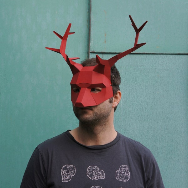 Stag or Reindeer Mask, 3D Papercraft Template, Low Poly Paper Mask, Unique Halloween Costume, Animal Mask, Cosplay PDF Pattern