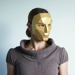 Veelhoek vrouwelijk menselijk gezichtsmasker, vrouwen of meisje 3D Papercraft masker sjabloon, laag poly papieren masker, uniek Halloween kostuum, PDF-patroon