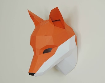 Fox Trophy, 3D Papercraft Mask Template, Low Poly Paper Mask, Unique Halloween Costume, Animal Mask, Paper Wall Art PDF Pattern