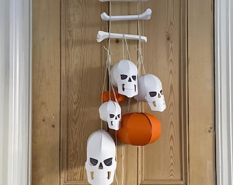 Decoraciones de Halloween en papel / Plantillas colgantes de calaveras, huesos y calabazas / Decoración de Halloween imprimible para hacer tú mismo / Descarga en PDF