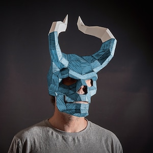 Máscara de calavera con cuernos, plantilla de máscara de demonio de papel LowPoly 3D, disfraz de Halloween de bricolaje original único, patrón PDF de cosplay de trueno de medianoche