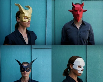 Halloween Papercraft Mask Set, Skull, Bat, Devil, Demon Horns (PDF Pattern)