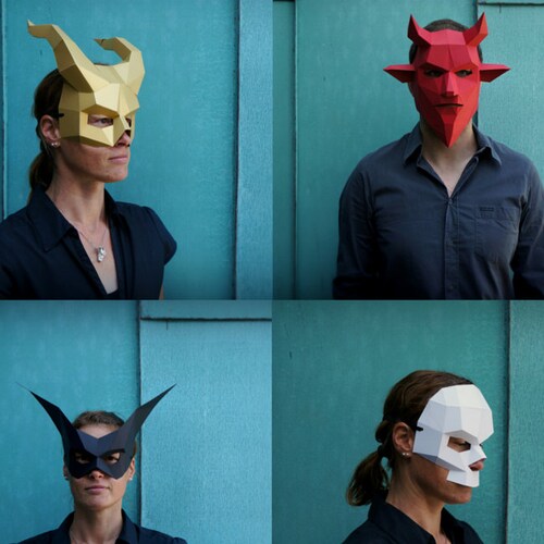 Skull, Bat, Demon, Devil Halloween Papercraft Mask Set, 3D Mask Template, Low Poly Paper Mask, Unique Group Costume, Cosplay PDF Pattern
