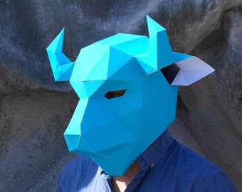 Bison Bull Maske Papercraft Vorlage, 3D Low Poly Papiermaske, Einzigartiges Halloween-Kostüm, Tiermaske, Cosplay PDF-Muster