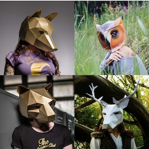 Pode incluir: Uma coleção de quatro máscaras geométricas de animais, incluindo um lobo dourado, uma coruja realista, um urso dourado e um veado branco com chifres. Cada máscara apresenta um design facetado de baixo polígono feito de papel ou cartão.
