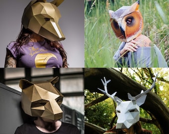 Geometric Animal Masks, Fox, Bear, Owl, Stag Costume Template (PDF Pattern)