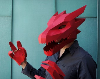 Drachen-Papercraft-Maskenvorlage, 3D-Low-Poly-Papiermaske, einzigartiges Original-DIY-Halloween-Kostüm, Targaryen-Cosplay-PDF-Muster