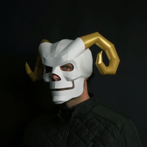 Horned Skull Papercraft Mask Template, 3D Paper Mask, Unique Homemade DIY Halloween Costume, Cosplay PDF Pattern image 1