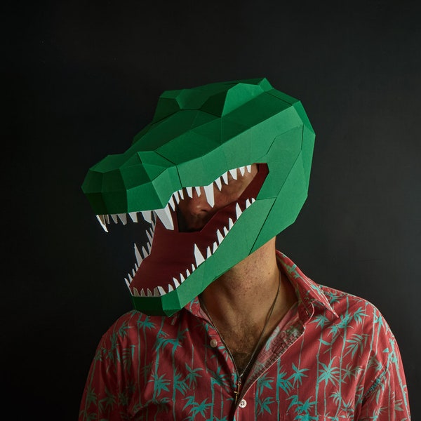 Crocodile Mask Papercraft Template PDF Pattern, 3D Low Poly Paper Mask, Unique Original DIY Halloween Costume