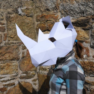 Rhino 3D Papercraft Masken Vorlage, Low Poly Papier Maske, Einzigartiges DIY Halloween Kostüm, Tier Maske, PDF Muster
