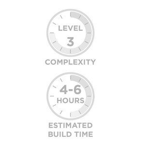 May include: A gray circle with the text "LEVEL 3" and "COMPLEXITY" below. A second gray circle with the text "4-6 HOURS" and "ESTIMATED BUILD TIME" below.