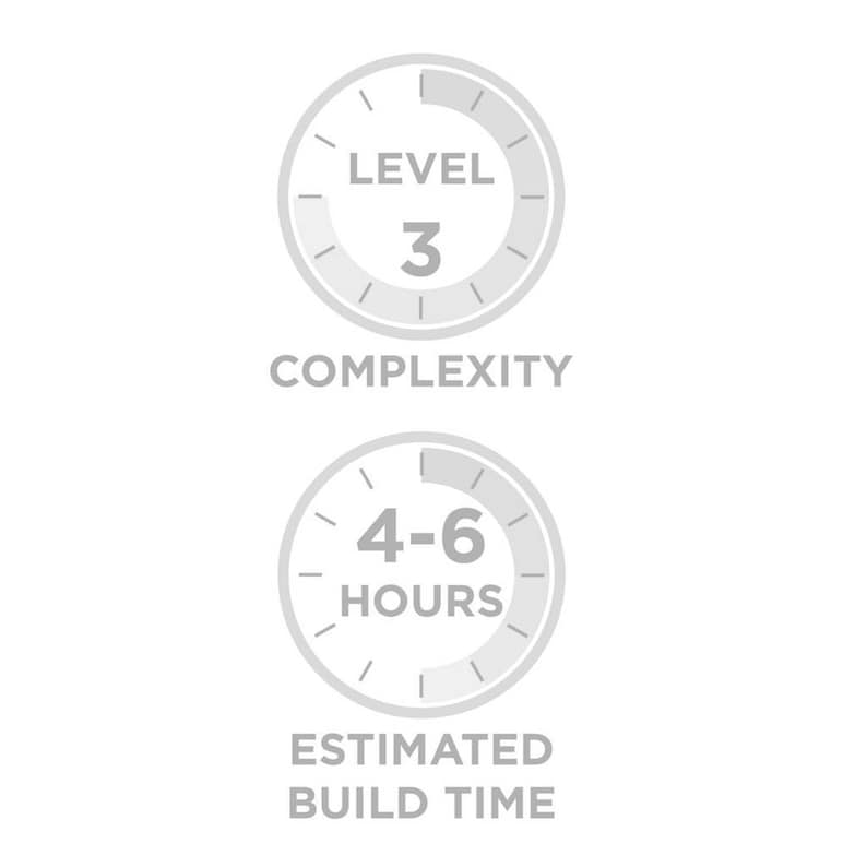 May include: A gray circle with the text "LEVEL 3" and "COMPLEXITY" below. A second gray circle with the text "4-6 HOURS" and "ESTIMATED BUILD TIME" below.
