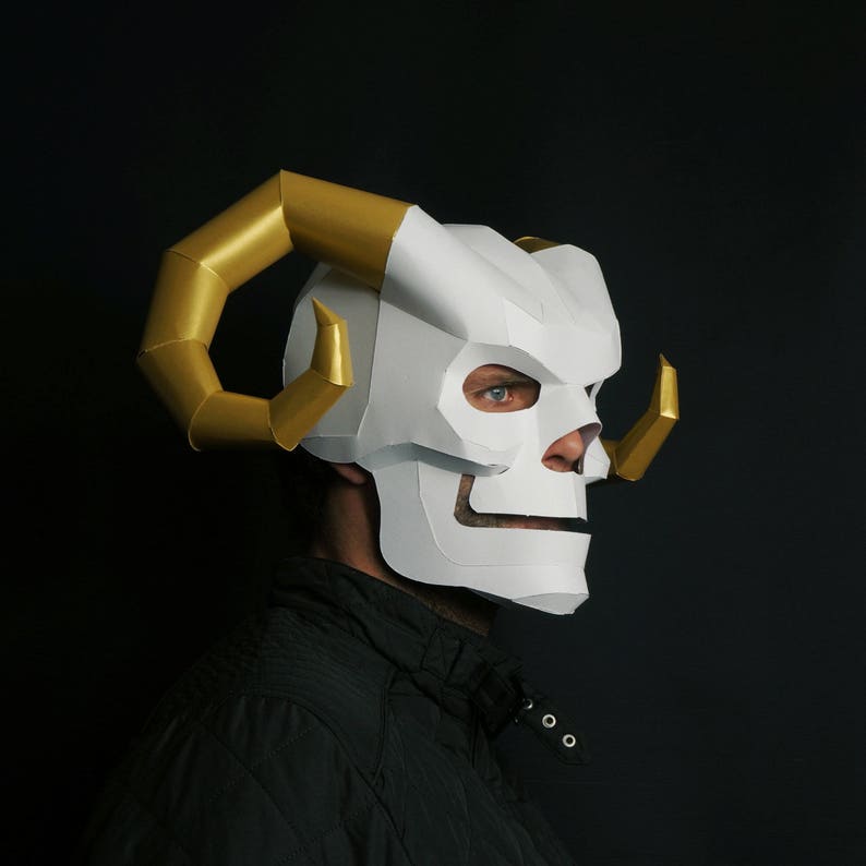 Horned Skull Papercraft Mask Template, 3D Paper Mask, Unique Homemade DIY Halloween Costume, Cosplay PDF Pattern image 2