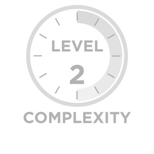 以下が含まれることがあります： グレーの円形のゲージで、白い針が数字の2を指しています。ゲージには「レベル2 複雑さ」と表示されています。