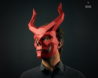 Demon 3D Papercraft Mask Template + SVG for CRICUT, Horned Skull Low Poly Devil Paper Mask, Halloween Costume, Cosplay PDF Pattern