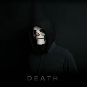 May include: A person wearing a black hooded sweatshirt and a white skull mask. The text "DEATH" is printed below the image.