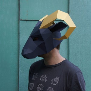 Widder 3D Papercraft Maskenvorlage, Low Poly Papiermaske, Einzigartiges Halloween-Kostüm, Tiermaske, Cosplay PDF-Muster