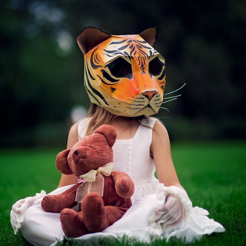 Cat or Tiger Papercraft Mask Template, 3D Low Poly Paper Mask, Unique Halloween Costume, Animal Mask, PDF Pattern image 2