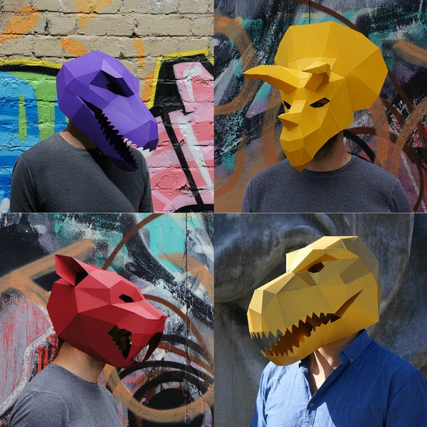 3D Dinosaur Papercraft Mask Templates, T-Rex, Velociraptor, Triceratops, Saber-Tooth, Paper Mask, Unique Family Halloween Costume, PDF
