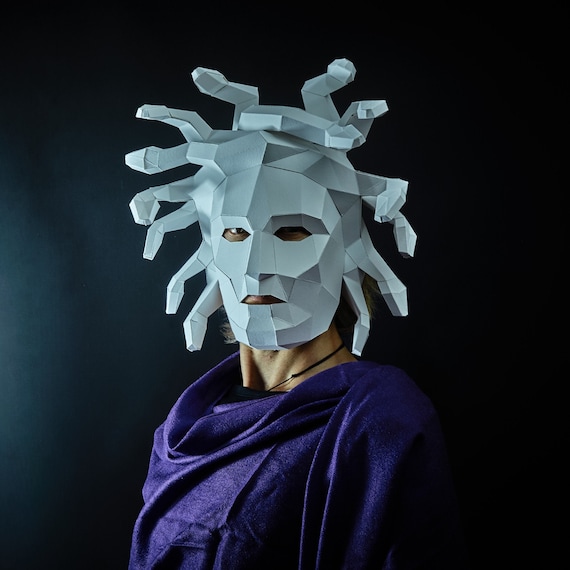 Medusa Gorgon Lowpoly Papercraft Mask Template Diy Halloween Etsy Denmark