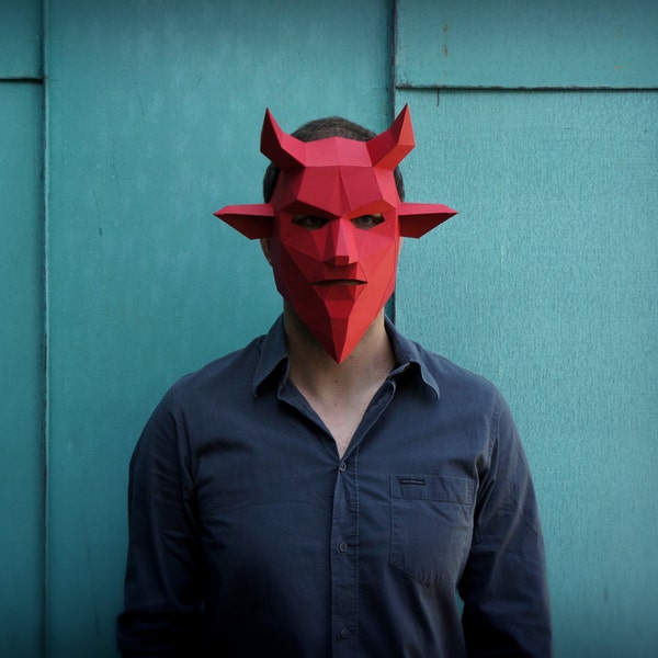Plantilla de máscara de artesanía de papel 3D del diablo, máscara de papel de demonio de baja poli, disfraz de Halloween de bricolaje único, patrón PDF de cosplay