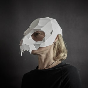 Modello maschera teschio di gatto Papercraft, maschera di carta 3D, costume di Halloween fai da te originale unico, maschera teschio animale, modello PDF Cosplay