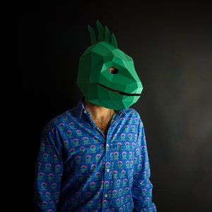Máscara de iguana modelo de artesanato em papel padrão PDF, máscara de papel 3D low poly, fantasia original exclusiva de Halloween DIY