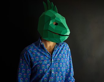 Iguana Mask Papercraft Template PDF Pattern, 3D Low Poly Paper Mask, Unique Original DIY Halloween Costume