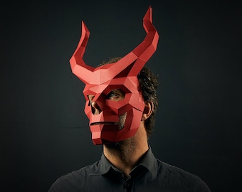 Devil's Drummer 3D Papercraft Mask Template, Horned Skull Low Poly Demon Paper Mask, Unique DIY Halloween Costume, Cosplay PDF Pattern