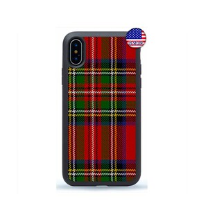 May include: Black phone case with a red, green and yellow tartan pattern. The case has a black border and a cut-out for the camera lens.