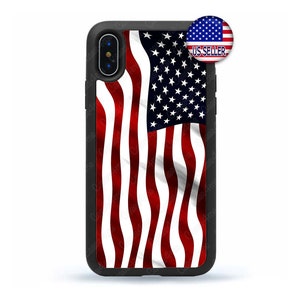 May include: Black phone case with a waving American flag design. The case has a cutout for the camera lens. US Seller.