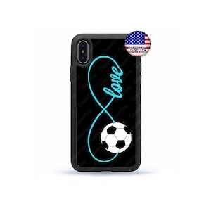 May include: Black phone case with a blue infinity symbol and a white soccer ball. The infinity symbol has the word "love" written inside it.