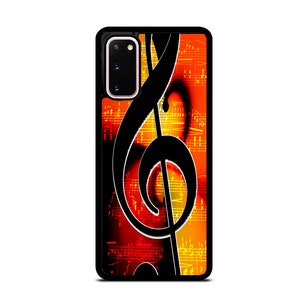 May include: Black phone case with a black treble clef on a background of orange, yellow, and red musical notes.