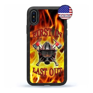 Firefighter Fireman Helmet in Flames Logo Hard Rubber Case Cover for iPhone 16 15 14 13 12 Max Mini pro Max 11 Plus X Max, iPod Touch 7 6