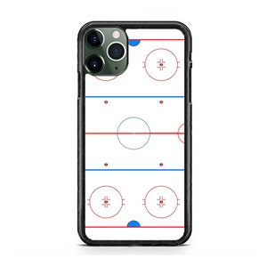 May include: A black phone case with a white hockey rink design. The rink has blue and red lines and a center circle.