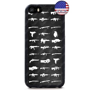 May include: Black iPhone case with a white silhouette of various guns and a grenade on a chalkboard background. The text "Cases 4 Me" is repeated on the case.