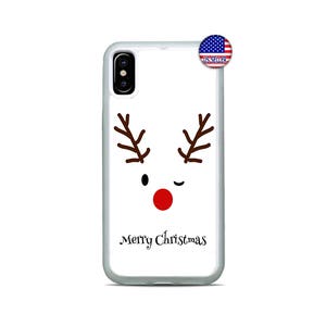 May include: White phone case with a cartoon reindeer face and the text "Merry Christmas".