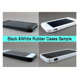May include: A collage of four smartphone cases in black and white. The cases are made of rubber and have a sleek design. The text "Black & White Rubber Cases Sample" is displayed in a turquoise banner.