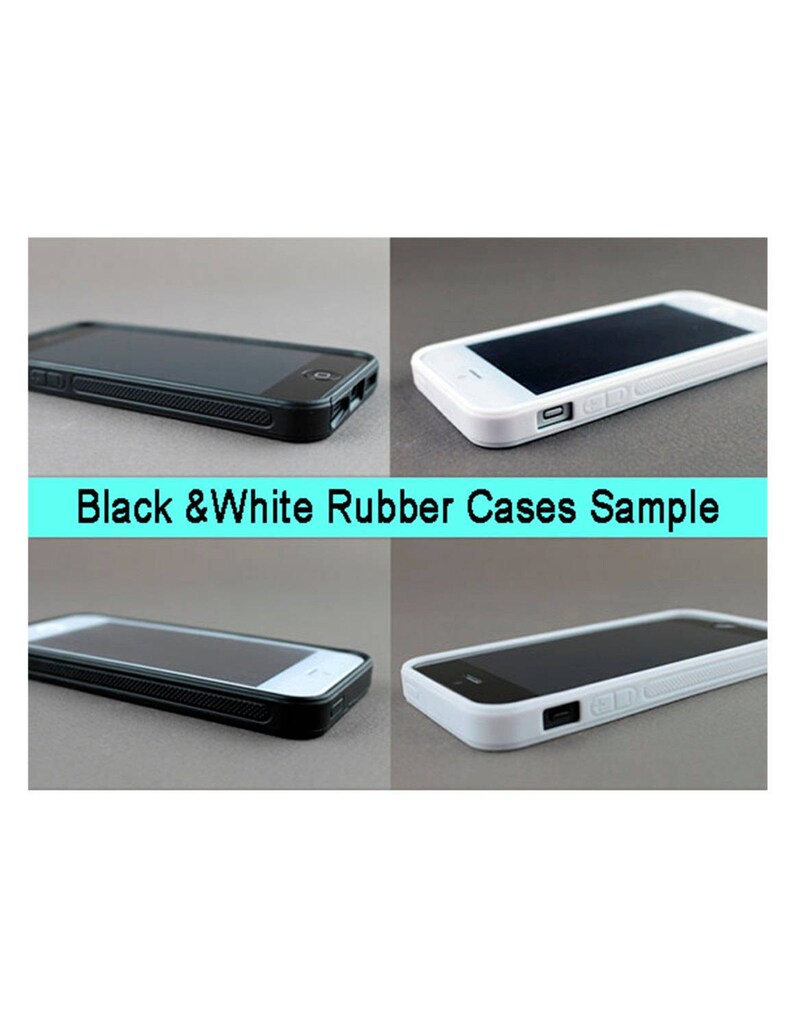 May include: A collage of four smartphone cases in black and white. The cases are made of rubber and have a sleek design. The text "Black & White Rubber Cases Sample" is displayed in a turquoise banner.