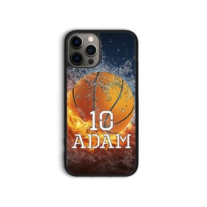 May include: A black iPhone case with a basketball design. The basketball is on fire and has water splashing around it. The text "10 ADAM" is on the basketball.