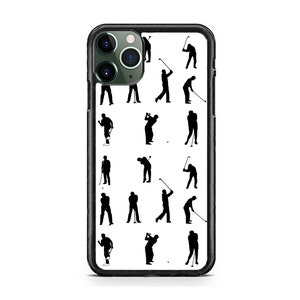 May include: A white iPhone case with a black border and a pattern of black silhouettes of golfers in various poses.