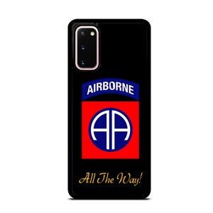 May include: Black phone case with a red, white, and blue graphic of the 101st Airborne Division patch. The patch features the text "AIRBORNE" and a blue circle with the letters "AA" inside. The text "All The Way!" is printed in gold below the patch.