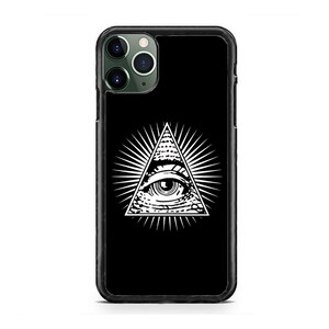 May include: Black iPhone case with a white all-seeing eye graphic inside a triangle with rays of light.